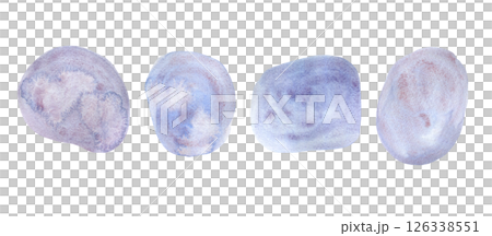 Set of artistic tender granulate textured light purple, blue and red watercolor round stone shapes. Hand painting abstract watercolour geometric stains for banner design, greeting cards 126338551