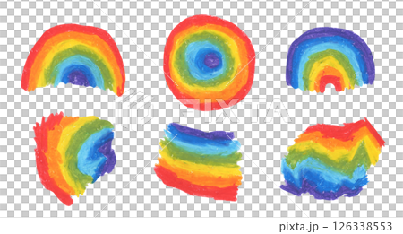 Set of abstract oil pastel drawing rainbow colors doodle shapes and lines compositions. Bright vibrant geometric clip-arts with bold crayon pastel strokes for pride month design, banners, posters 126338553