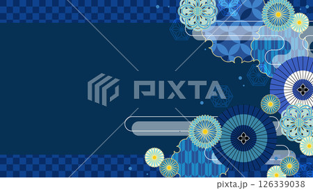 青色と和傘の夏向け和風柄背景、16:9 126339038