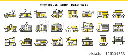 家、飲食店、学校、百貨店などシンプルデザインのアイコン素材セット 126339288