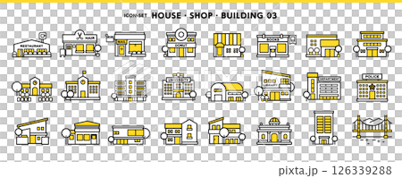 家、飲食店、学校、百貨店などシンプルデザインのアイコン素材セット 126339288