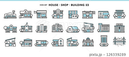 家、飲食店、学校、百貨店などシンプルデザインのアイコン素材セット 126339289
