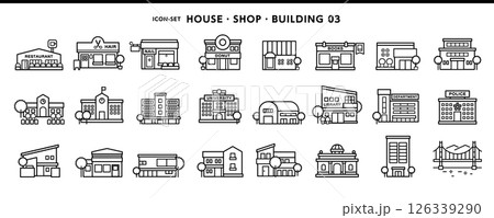 家、飲食店、学校、百貨店などシンプルデザインのアイコン素材セット 126339290
