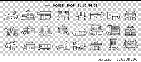 家、飲食店、学校、百貨店などシンプルデザインのアイコン素材セット 126339290