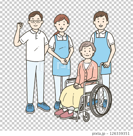 Illustration set of an elderly woman sitting in a wheelchair and a male and female caregiver assisting her Illustration set of an elderly woman sitting in a wheelchair and a male and female caregiver assisting her 126339351