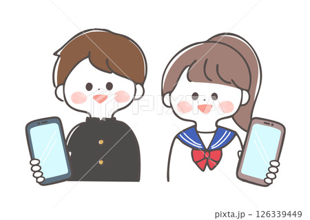 スマートフォンの画面を見せる中学生・高校生　手書きのイラスト　フルカラー 126339449