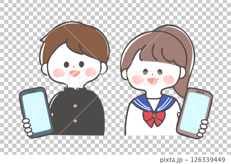 スマートフォンの画面を見せる中学生・高校生　手書きのイラスト　フルカラー 126339449