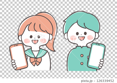 Junior high and high school students showing their smartphone screens Hand-drawn illustrations Two-tone color 126339452
