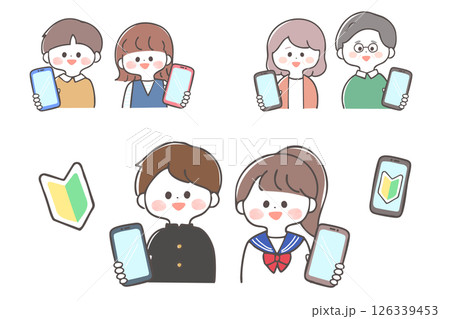 スマートフォンの画面を見せる子ども・中学生・高齢者のイラストセット　初心者 126339453