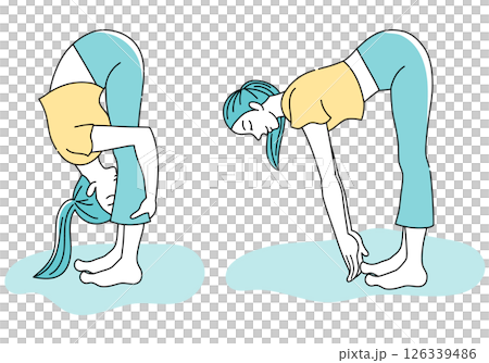 A woman doing standing yoga forward bend poses (set of two types: deep forward bend and shallow forward bend) A woman doing standing yoga forward bend poses (set of two types: deep forward bend and shallow forward bend) 126339486