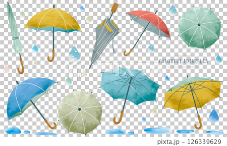 Illustration set of colorful umbrellas painted in watercolor 126339629