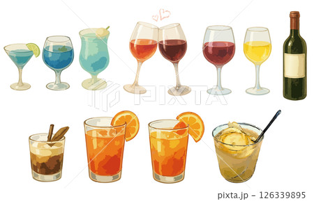 水彩風カクテル・ワインのイラストセット｜乾杯・お酒・パーティー素材におすすめ 126339895