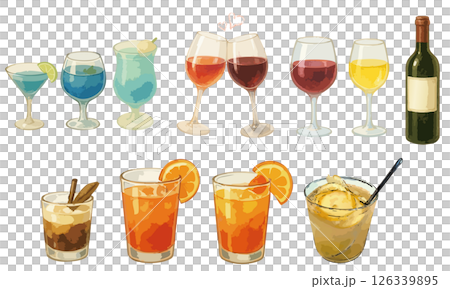 水彩風カクテル・ワインのイラストセット｜乾杯・お酒・パーティー素材におすすめ 126339895