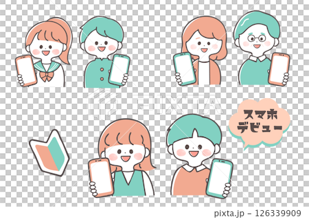 兒童、國中生和老年人的插圖集展示智慧型手機螢幕、初學者、2 種顏色 126339909