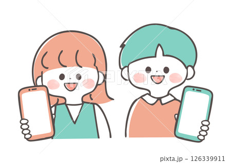 スマホの画面を見せる子どものイラスト　手書き 2色 126339911