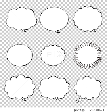A set of hand-drawn white speech bubbles, monochrome material with cute rough lines 126340621