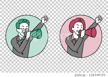 Set of middle-aged men and women in suits jumping out of a circle and cheering with a megaphone Set of middle-aged men and women in suits jumping out of a circle and cheering with a megaphone 126340720
