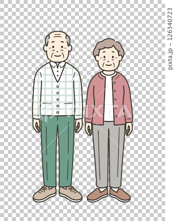 A full-body illustration of a late-elderly couple standing side by side 126340723