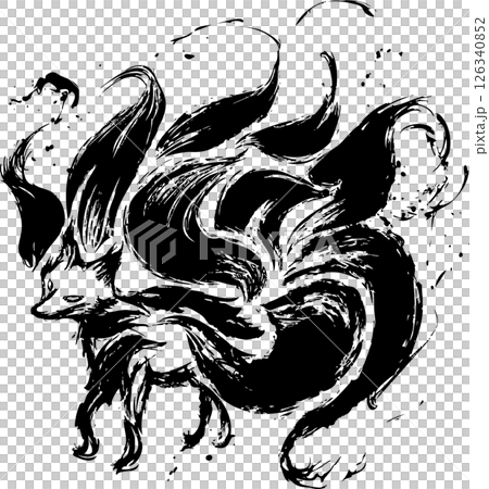 九尾の狐のおしゃれな和風墨絵マークイラストのイラスト素材