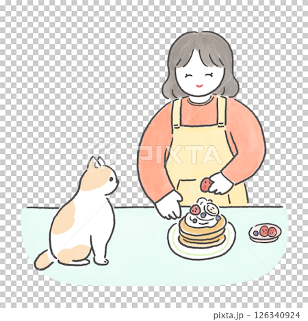 パンケーキを作る女の子と見守る猫 126340924