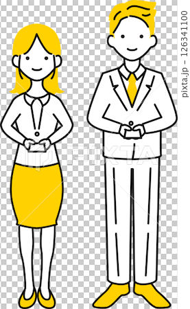 シンプルな名刺交換をするイラスト　男女 126341100
