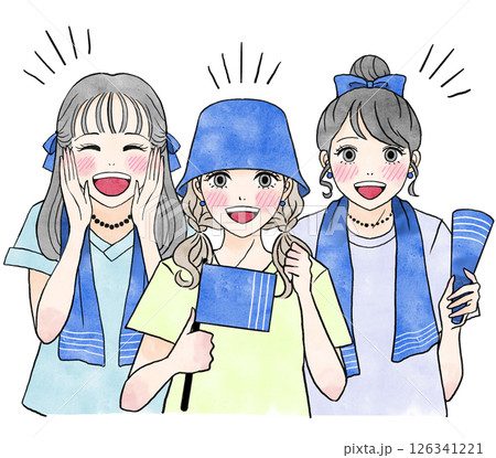 スポーツ観戦で青のチームカラーで応援する女の子のイラスト 126341221