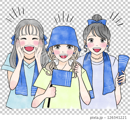 スポーツ観戦で青のチームカラーで応援する女の子のイラスト 126341221
