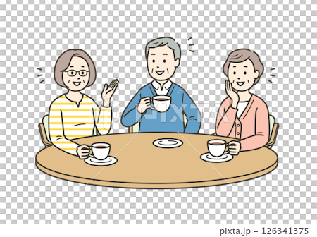 一位老人和一位老年婦女一邊喝茶一邊愉快地交談的插圖 一位老人和一位老年婦女一邊喝茶一邊愉快地交談的插圖 126341375