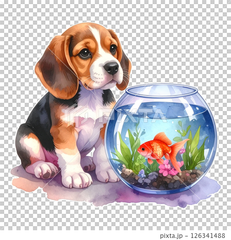 紅色金魚和小獵犬小狗的插圖/傳單和海報的材料 126341488