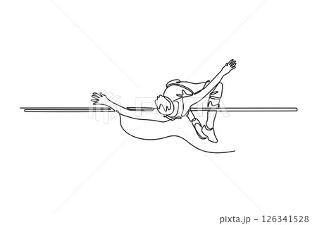 Continuous one line drawing male high jumper athlete training on outdoor stadium for competition. Health, endurance or practice. Cardio exercise or contest. Single line draw design vector illustration 126341528
