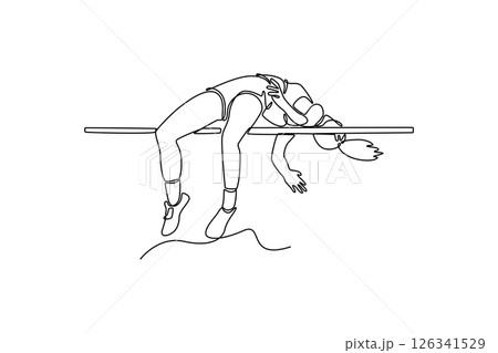 Continuous one line drawing female athlete in action high jump over bar in track field. Dynamic approach to clearing impressive height. Agile and explosive. Single line draw design vector illustration 126341529