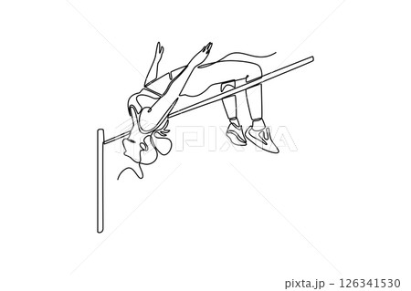 Continuous one line drawing girl jumper high jump in athletics championship. Female person, leap and agility for cardio exercise or contest fitness. Single line draw design vector graphic illustration Continuous one line drawing girl jumper high jump in athletics championship. Female person, leap and agility for cardio exercise or contest fitness. Single line draw design vector graphic illustration 126341530