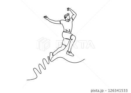 Continuous one line drawing male athlete performing long jump on race track in athletics stadium. Sport, action, motion, speed, healthy lifestyle. Single line draw design vector graphic illustration Continuous one line drawing male athlete performing long jump on race track in athletics stadium. Sport, action, motion, speed, healthy lifestyle. Single line draw design vector graphic illustration 126341533