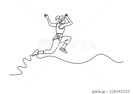 Single continuous line drawing female athlete in sports uniform jumping on sandpit at athletics tournament. Sportswoman training on outdoors stadium. One line draw graphic design vector illustration Single continuous line drawing female athlete in sports uniform jumping on sandpit at athletics tournament. Sportswoman training on outdoors stadium. One line draw graphic design vector illustration 126341537