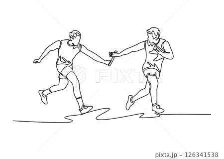 Single continuous line drawing man team running with baton in relay on outdoors stadium track together. Collaboration and athlete group in running competition. One line draw design vector illustration 126341538