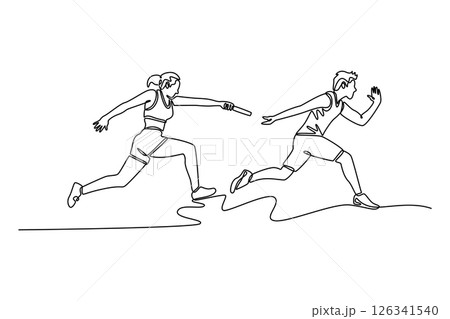 Single continuous line drawing sprinters male and female pass baton in thrilling relay race. Sprint or teamwork for cardio training or workout. Dynamic one line draw graphic design vector illustration Single continuous line drawing sprinters male and female pass baton in thrilling relay race. Sprint or teamwork for cardio training or workout. Dynamic one line draw graphic design vector illustration 126341540