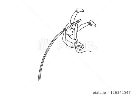 Single one line drawing young male pole vaulter jumping over bar during practice session at the track on outdoor stadium for competition. Modern continuous line draw design graphic vector illustration 126341547