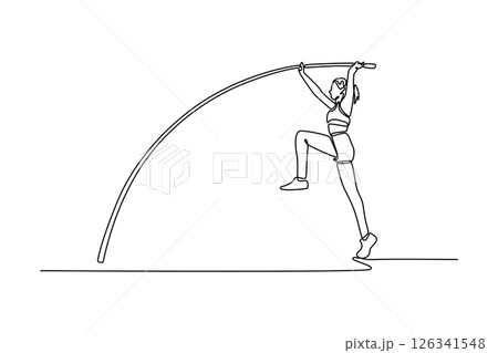 Single one line drawing female athlete on world championship ready to successfully jumping with pole over the bar. Sport achievement experience. Continuous line draw design graphic vector illustration Single one line drawing female athlete on world championship ready to successfully jumping with pole over the bar. Sport achievement experience. Continuous line draw design graphic vector illustration 126341548