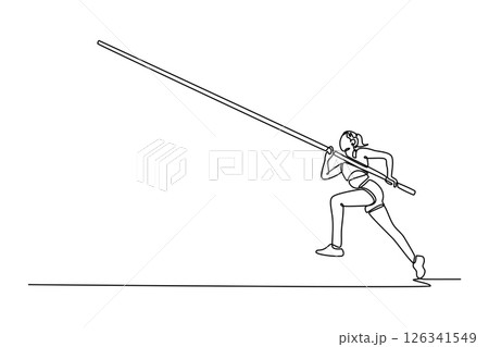 Single one line drawing professional female pole vaulter ready to overcome difficulties. Leap agility for cardio exercise or athletics contest. Continuous line draw design graphic vector illustration 126341549
