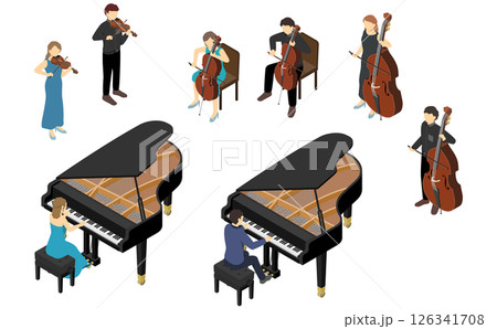 アイソメトリックイラスト：ピアノと弦楽器を演奏する人々 126341708
