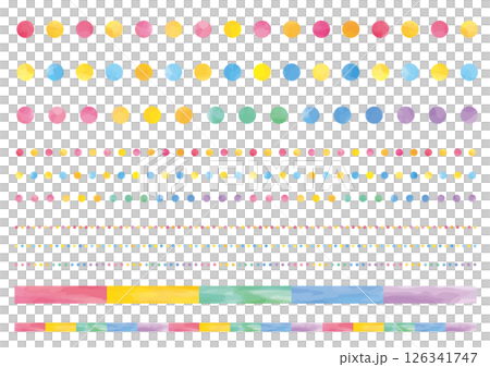 A set of watercolor-style colorful dots and stripes of various thicknesses 126341747