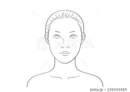 二重のノーメイクの女性｜メイク練習・シミュレーション用線画イラスト素材 126342484