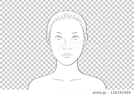 二重のノーメイクの女性｜メイク練習・シミュレーション用線画イラスト素材 126342484
