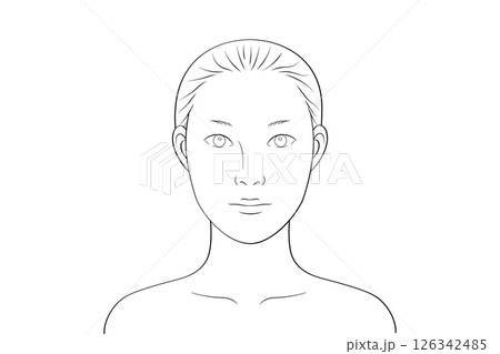 一重のノーメイクの女性｜メイク練習・シミュレーション用線画イラスト素材 126342485