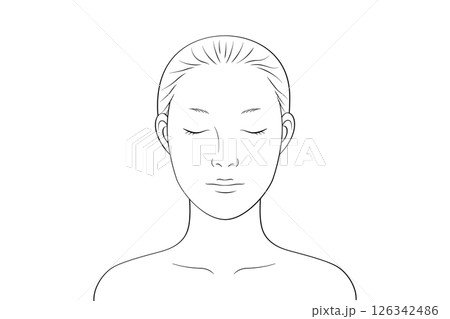 目を閉じたノーメイクの女性｜メイク練習・シミュレーション用線画イラスト素材 126342486