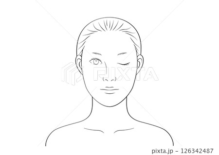 片目を閉じた二重のノーメイクの女性|メイク練習・シミュレーション用線画イラスト素材 片目を閉じた二重のノーメイクの女性|メイク練習・シミュレーション用線画イラスト素材 126342487