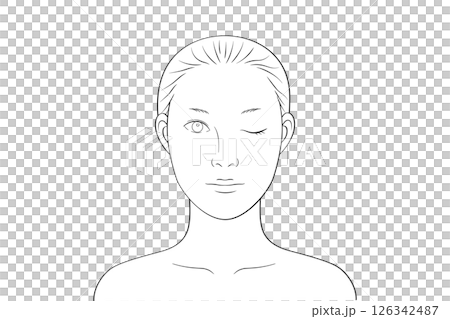 片目を閉じた二重のノーメイクの女性|メイク練習・シミュレーション用線画イラスト素材 片目を閉じた二重のノーメイクの女性|メイク練習・シミュレーション用線画イラスト素材 126342487