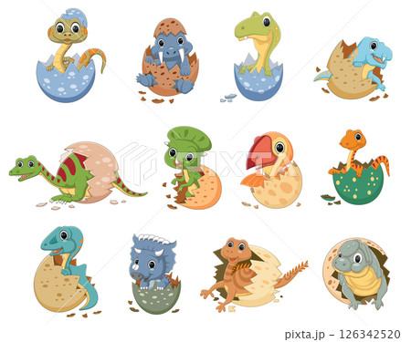 Cute baby dinosaurs hatching from egg set. Funny smiling new born prehistoric dino reptiles in shells collection of illustration 126342520