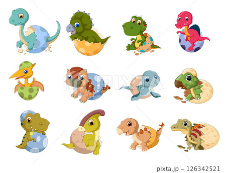 Funny smiling new born prehistoric dino reptiles in shells collection. Jurassic period wild nature of illustration Funny smiling new born prehistoric dino reptiles in shells collection. Jurassic period wild nature of illustration 126342521