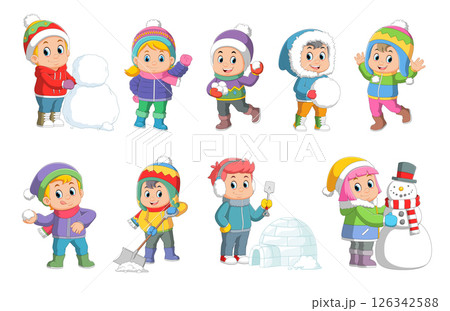 Children playing outside snowballs. Kids playing in winter outdoors. Colorful cartoon characters of illustration Children playing outside snowballs. Kids playing in winter outdoors. Colorful cartoon characters of illustration 126342588